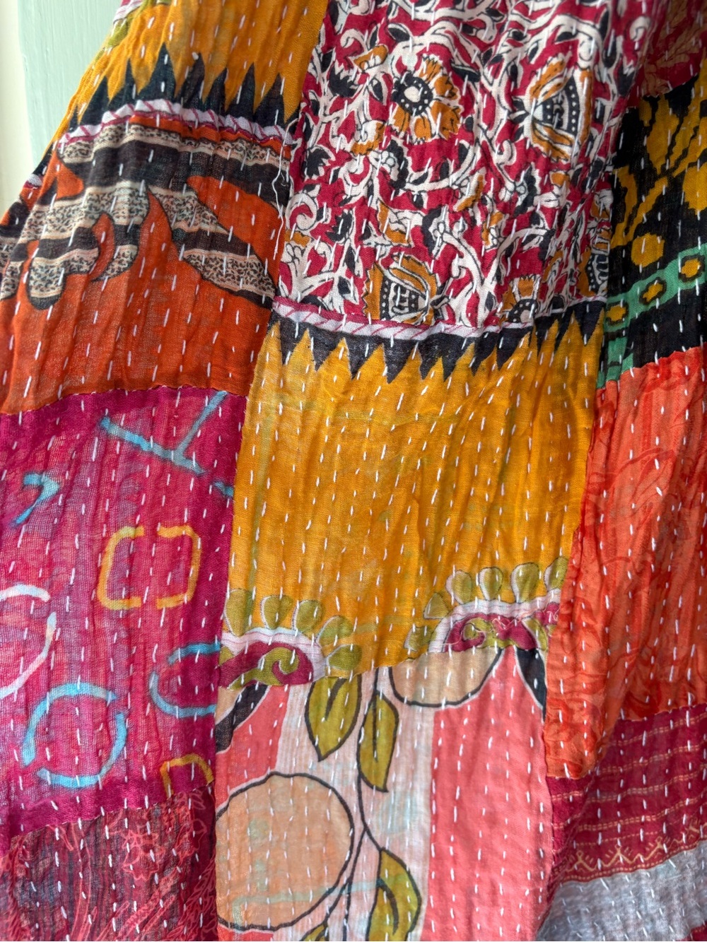 Vibrant Patchwork Kantha Scarf in Orange, Pink & Purple - Picture 3 of 5